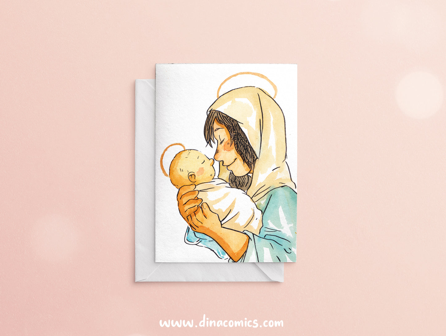 Postal de Navidad católica ilustración Vírgen María y niño Jesús #1