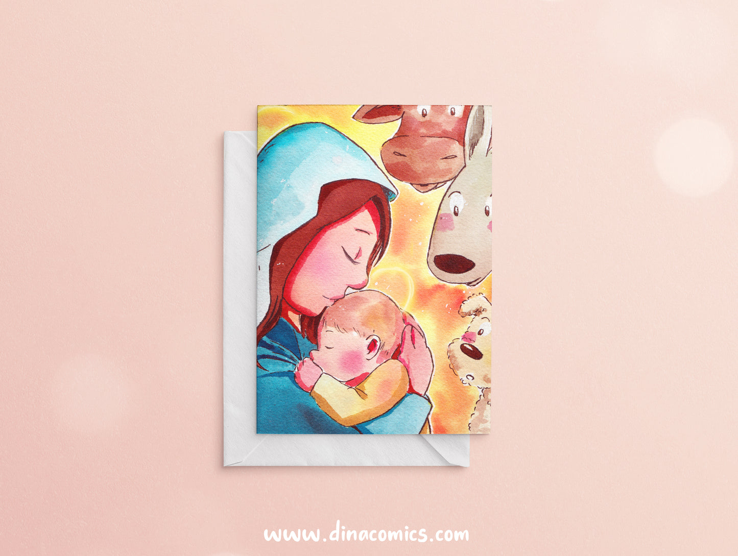 Postal de Navidad católica ilustración Vírgen María y niño Jesús #2